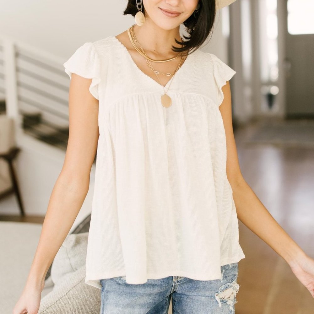 Ribbed Flutter Sleeve Top In White